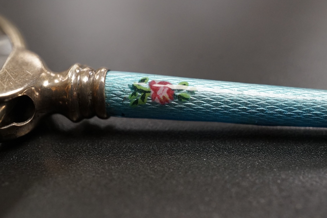 A pair of Continental silver and guilloche enamel lorgnettes, 10cm in length